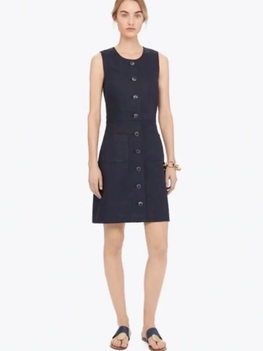 Tory Burch Navy Blue Button Front Linen Shift Dress size 6